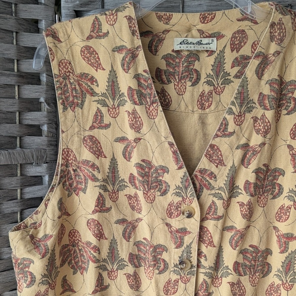 Vtg 90s Eddie Bauer Vest Tan Floral Botanical Print Button Up Womens Sz L Boho - Picture 2 of 7